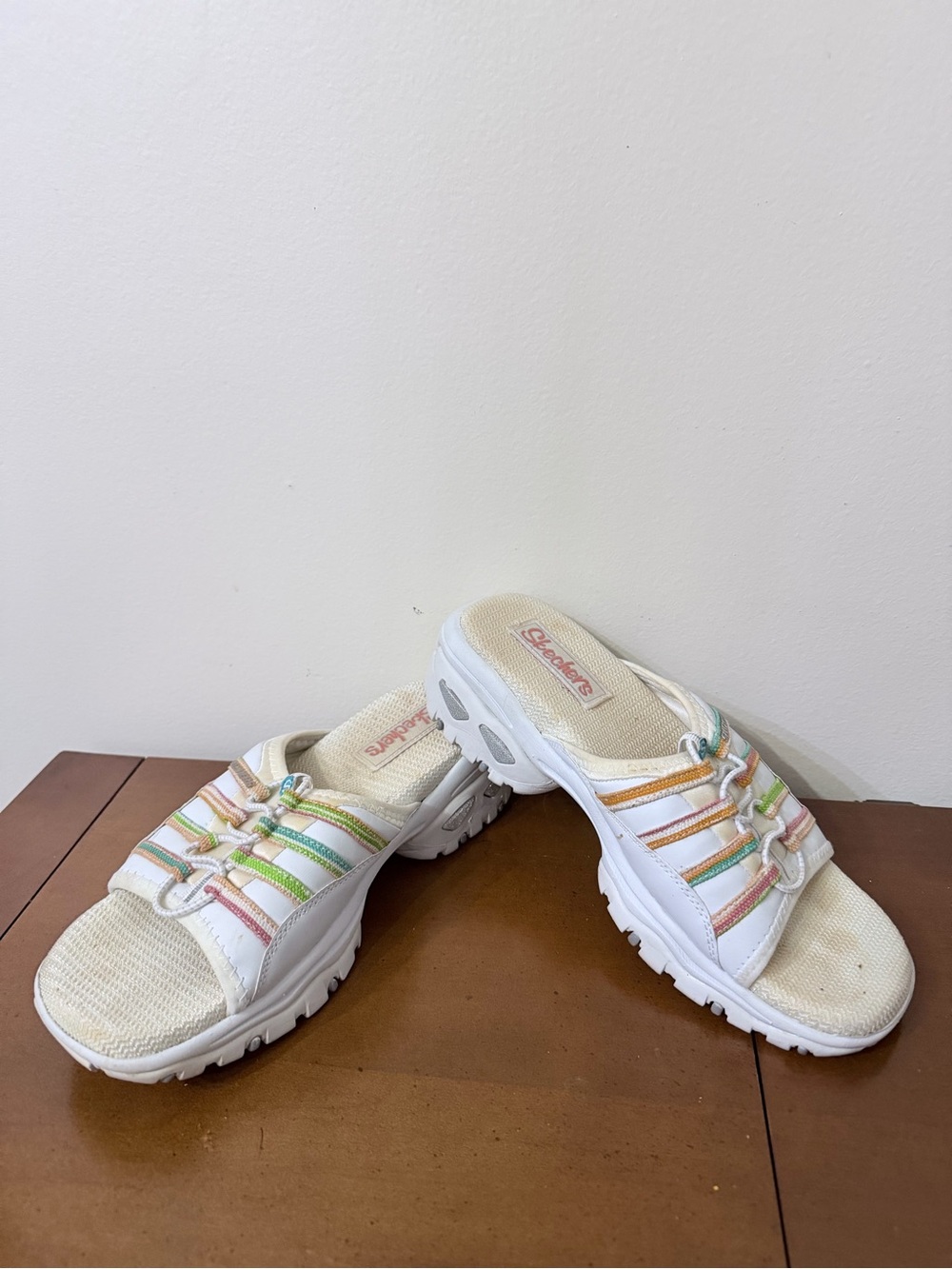 Y2K Skechers Slip On Mule Sandals Colorful Metallic Pastel Striped Bungee Cord 9